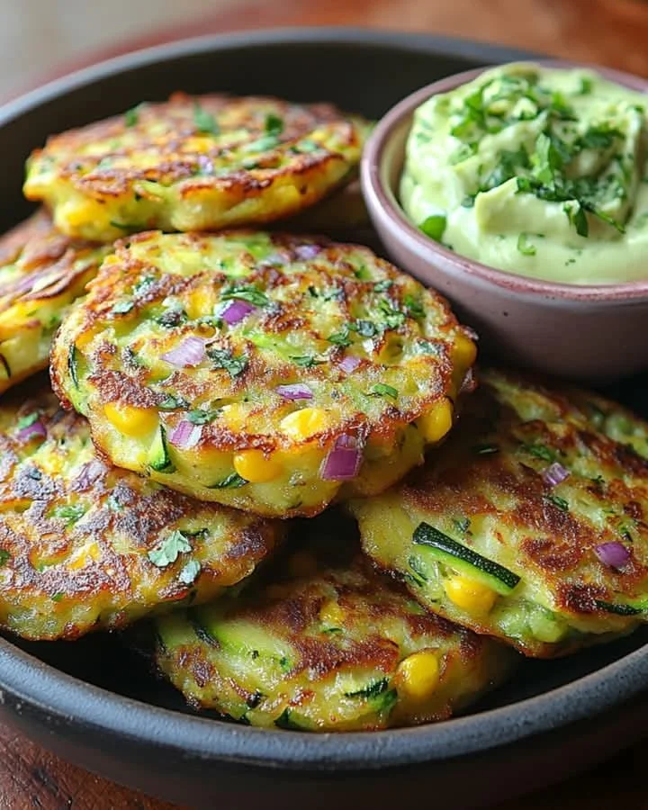 Zucchini-corn fritters topped with avocado lime crema on a plate